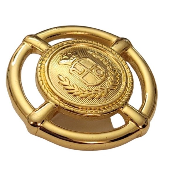 Liz Claiborne Gold Tone Signature Shield Round Laurel Leaf Edge Brooch Pin E474 - Picture 3 of 8